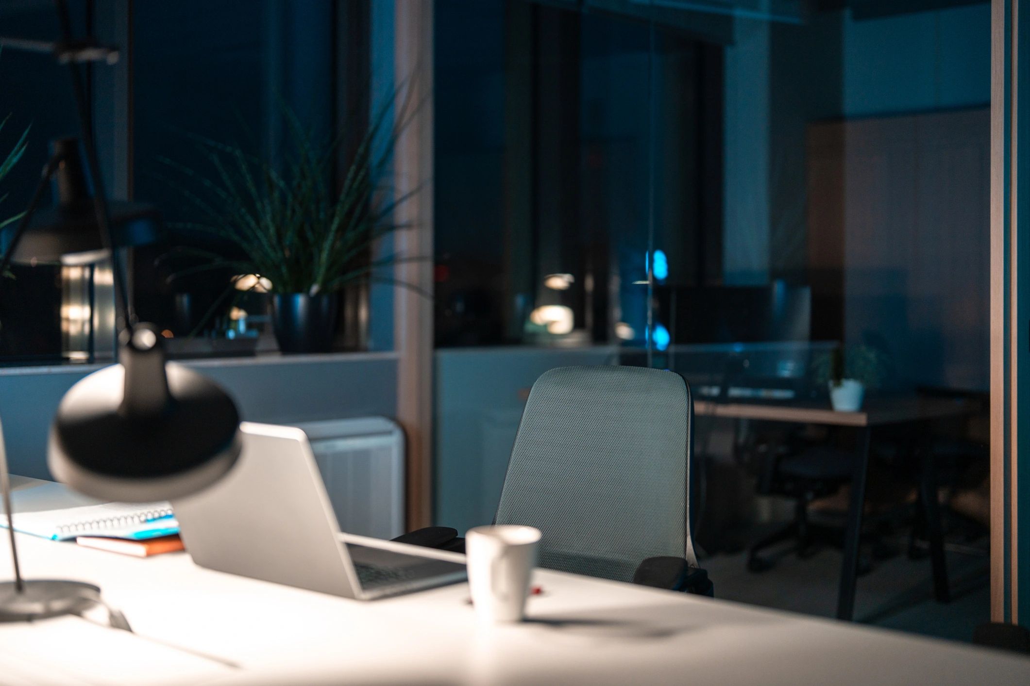 Calm modern office desk with laptop and lamp
